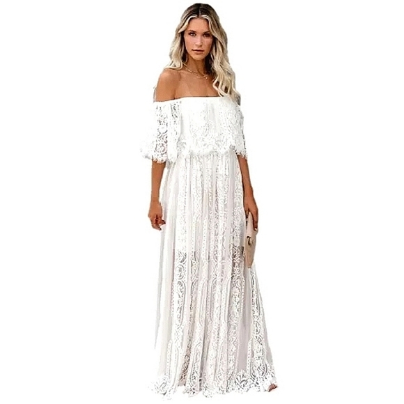 LAST ONE! Gorgeous White LILLIAN Off The Shoulder Boho Lace Bridal Maxi Dress - Picture 5 of 5